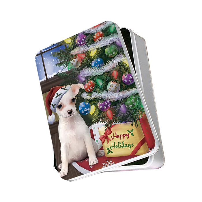 Christmas Happy Holidays Chihuahua Dog with Tree and Presents Photo Storage Tin PITN53764