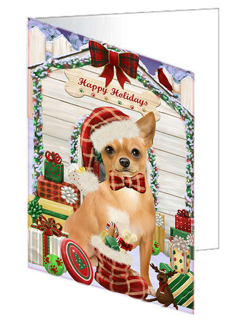 Happy Holidays Christmas Chihuahua Dog House with Presents Handmade Artwork Assorted Pets Greeting Cards and Note Cards with Envelopes for All Occasions and Holiday Seasons GCD58211
