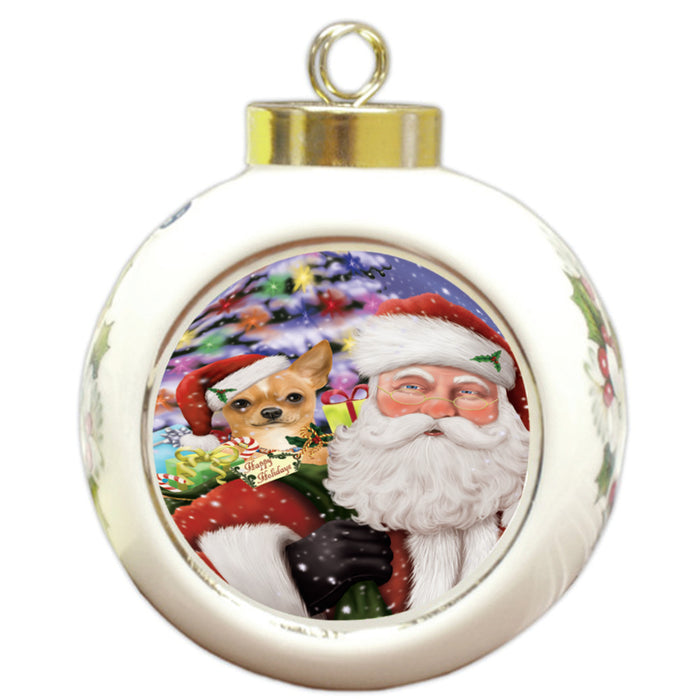 Santa Carrying Chihuahua Dog and Christmas Presents Round Ball Christmas Ornament RBPOR53980
