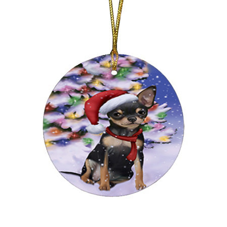 Winterland Wonderland Chihuahua Dog In Christmas Holiday Scenic Background  Round Flat Christmas Ornament RFPOR53373