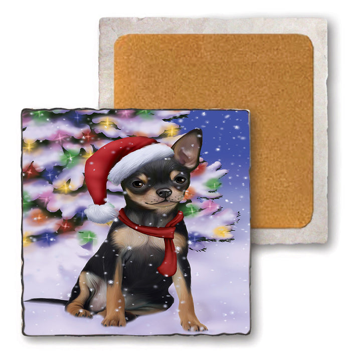 Winterland Wonderland Chihuahua Dog In Christmas Holiday Scenic Background  Set of 4 Natural Stone Marble Tile Coasters MCST48382
