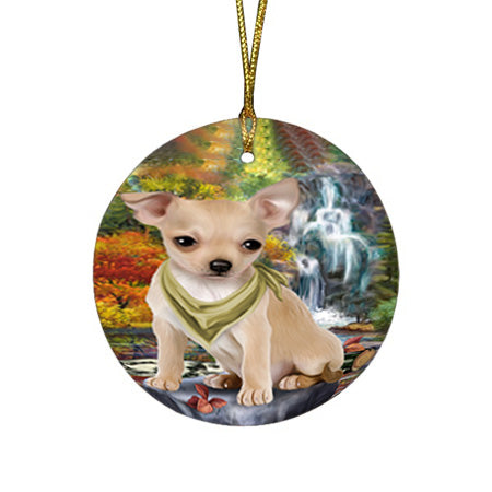 Scenic Waterfall Chihuahua Dog Round Flat Christmas Ornament RFPOR51847