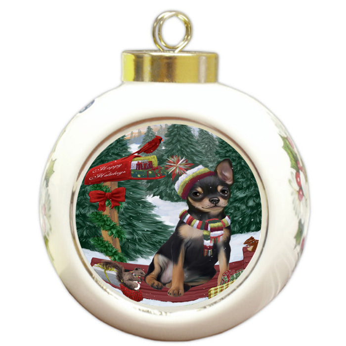 Merry Christmas Woodland Sled Chihuahua Dog Round Ball Christmas Ornament RBPOR55253