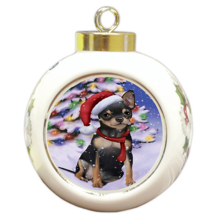 Winterland Wonderland Chihuahua Dog In Christmas Holiday Scenic Background  Round Ball Christmas Ornament RBPOR53382