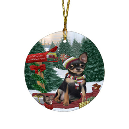 Merry Christmas Woodland Sled Chihuahua Dog Round Flat Christmas Ornament RFPOR55253