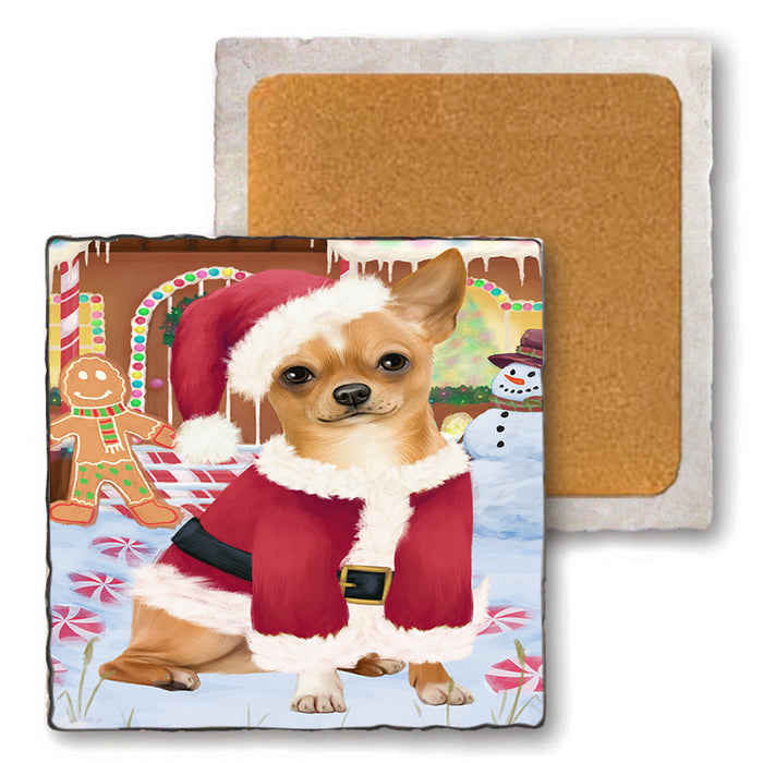 Christmas Gingerbread House Candyfest Chihuahua Dog Set of 4 Natural Stone Marble Tile Coasters MCST51304
