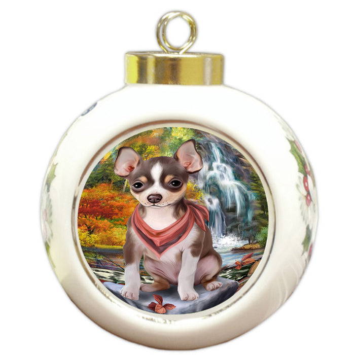 Scenic Waterfall Chihuahua Dog Round Ball Christmas Ornament RBPOR51857