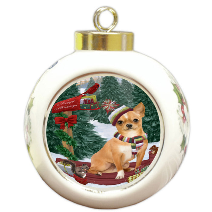 Merry Christmas Woodland Sled Chihuahua Dog Round Ball Christmas Ornament RBPOR55254