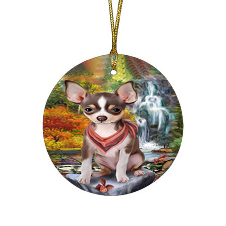 Scenic Waterfall Chihuahua Dog Round Flat Christmas Ornament RFPOR51848