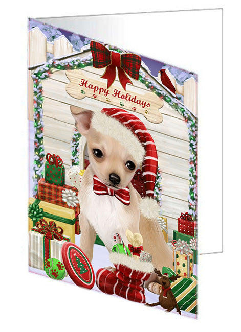Happy Holidays Christmas Chihuahua Dog House with Presents Handmade Artwork Assorted Pets Greeting Cards and Note Cards with Envelopes for All Occasions and Holiday Seasons GCD58214