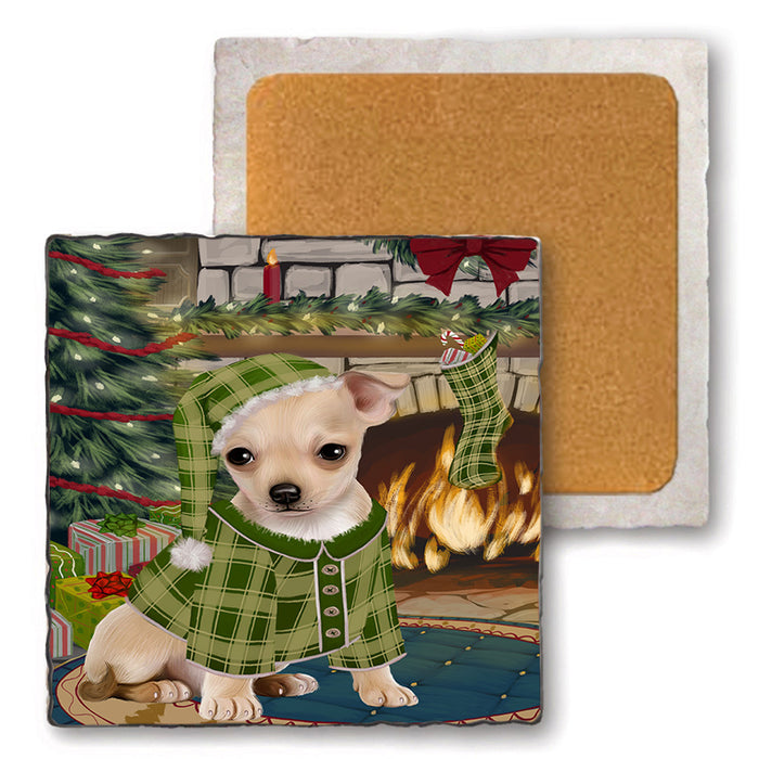 The Stocking was Hung Chihuahua Dog Set of 4 Natural Stone Marble Tile Coasters MCST50275