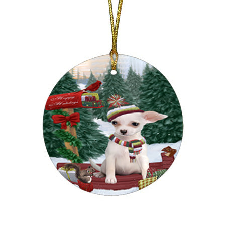 Merry Christmas Woodland Sled Chihuahua Dog Round Flat Christmas Ornament RFPOR55255