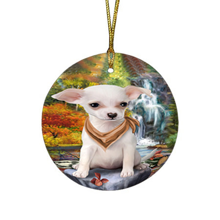 Scenic Waterfall Chihuahua Dog Round Flat Christmas Ornament RFPOR51849