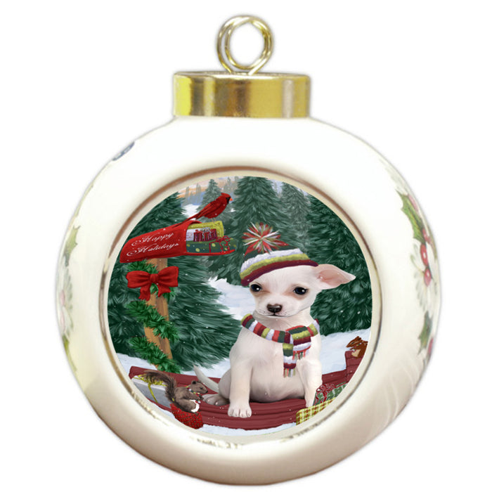 Merry Christmas Woodland Sled Chihuahua Dog Round Ball Christmas Ornament RBPOR55255