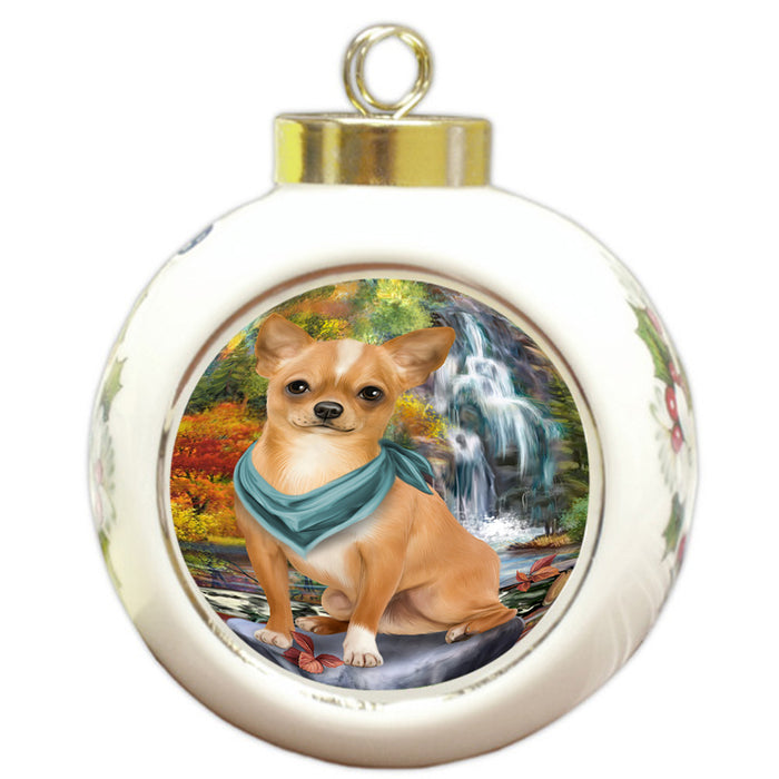 Scenic Waterfall Chihuahua Dog Round Ball Christmas Ornament RBPOR51859