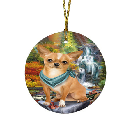 Scenic Waterfall Chihuahua Dog Round Flat Christmas Ornament RFPOR51850