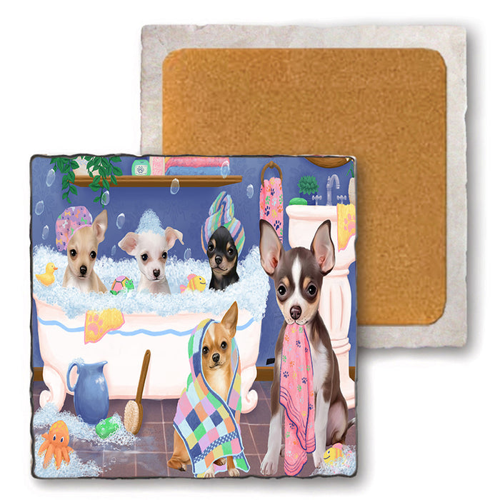 Rub A Dub Dogs In A Tub Chihuahuas Dog Set of 4 Natural Stone Marble Tile Coasters MCST51780