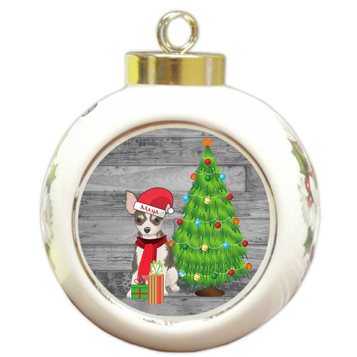 Custom Personalized Chihuahua Dog With Tree and Presents Christmas Round Ball Ornament