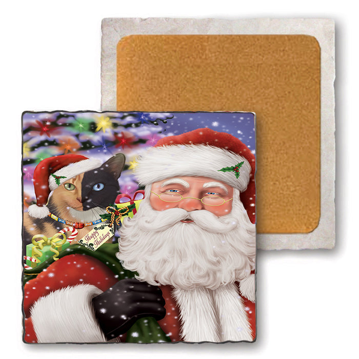 Santa Carrying Chimera Cat and Christmas Presents Set of 4 Natural Stone Marble Tile Coasters MCST50500
