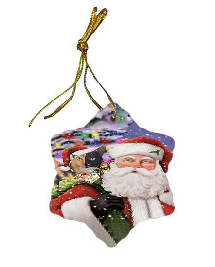 Santa Carrying Chimera Cat and Christmas Presents Star Porcelain Ornament SPOR55856