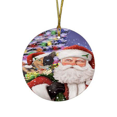 Santa Carrying Chimera Cat and Christmas Presents Round Flat Christmas Ornament RFPOR55856