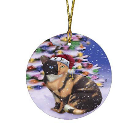 Winterland Wonderland Chimera Cat In Christmas Holiday Scenic Background Round Flat Christmas Ornament RFPOR56054