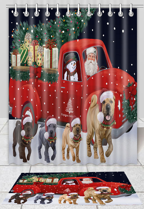 Christmas Express Delivery Red Truck Running Shar Pei Dogs Bath Mat and Shower Curtain Combo