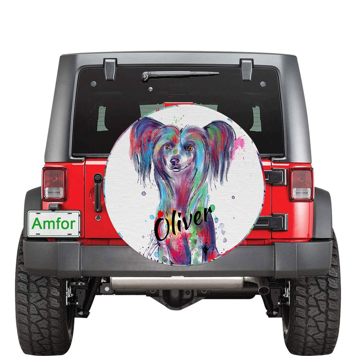 Custom Pet Name Personalized Watercolor Chinese Crested Dog Car Tire Cover