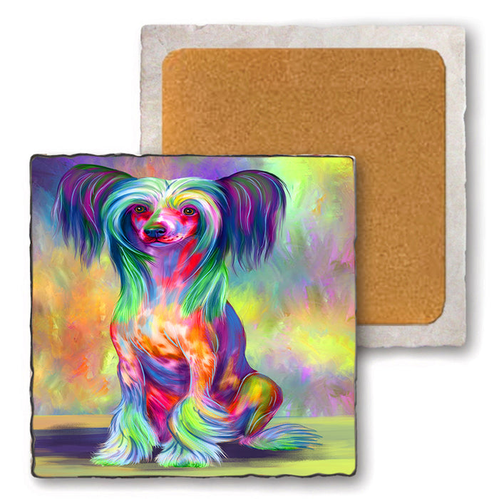 Paradise Wave Chinese Crested Dog Set of 4 Natural Stone Marble Tile Coasters MCST52505