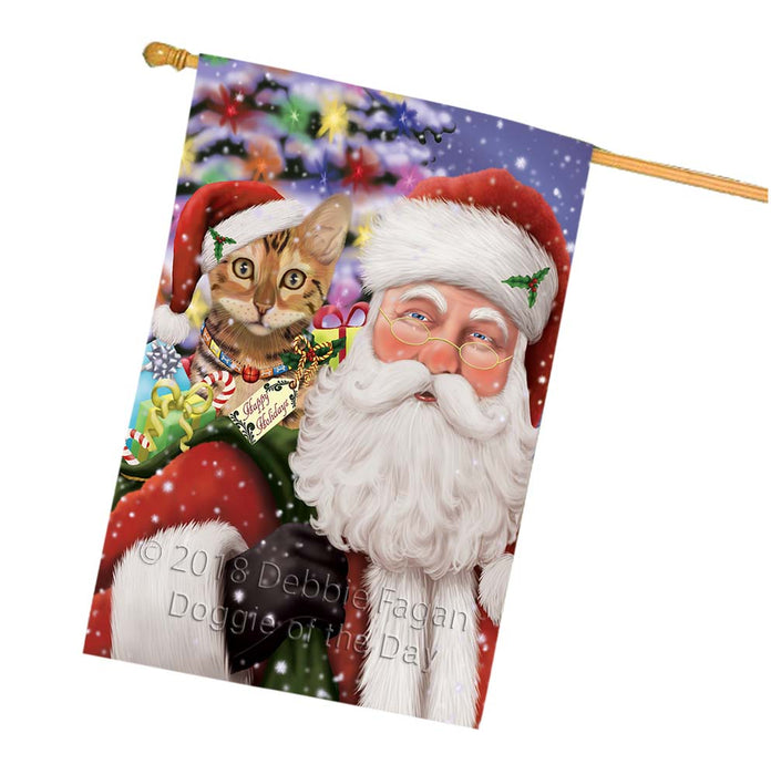 Santa Carrying Chinese Li Hua Cat and Christmas Presents House Flag FLG55930