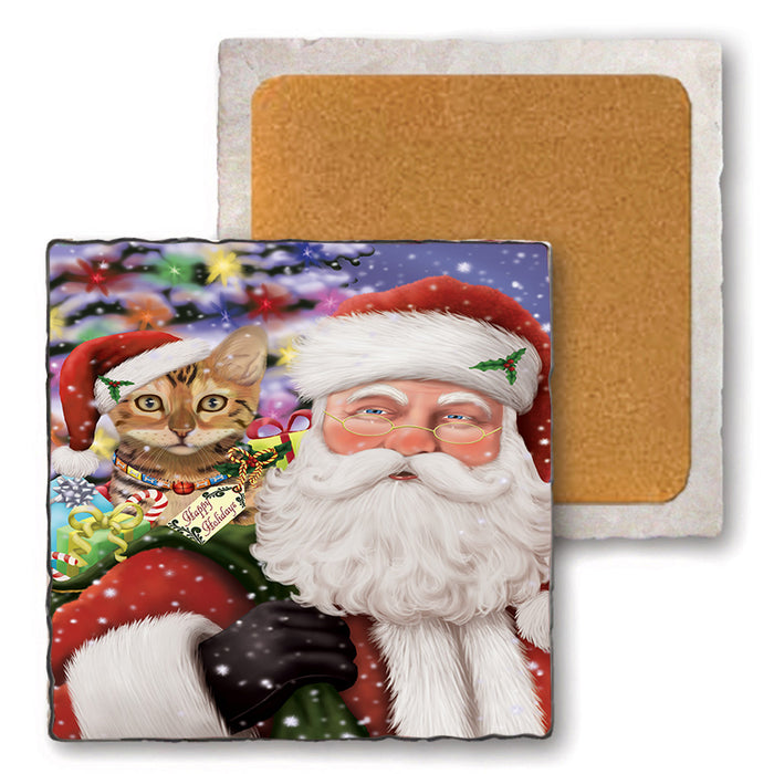 Santa Carrying Chinese Li Hua Cat and Christmas Presents Set of 4 Natural Stone Marble Tile Coasters MCST50501