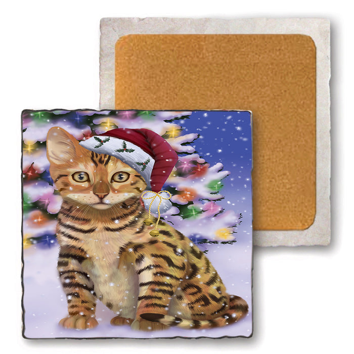 Winterland Wonderland Chinese Li Hua Cat In Christmas Holiday Scenic Background Set of 4 Natural Stone Marble Tile Coasters MCST50699