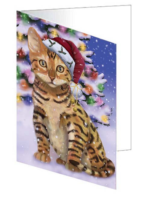 Winterland Wonderland Chinese Li Hua Cat In Christmas Holiday Scenic Background Handmade Artwork Assorted Pets Greeting Cards and Note Cards with Envelopes for All Occasions and Holiday Seasons GCD71612