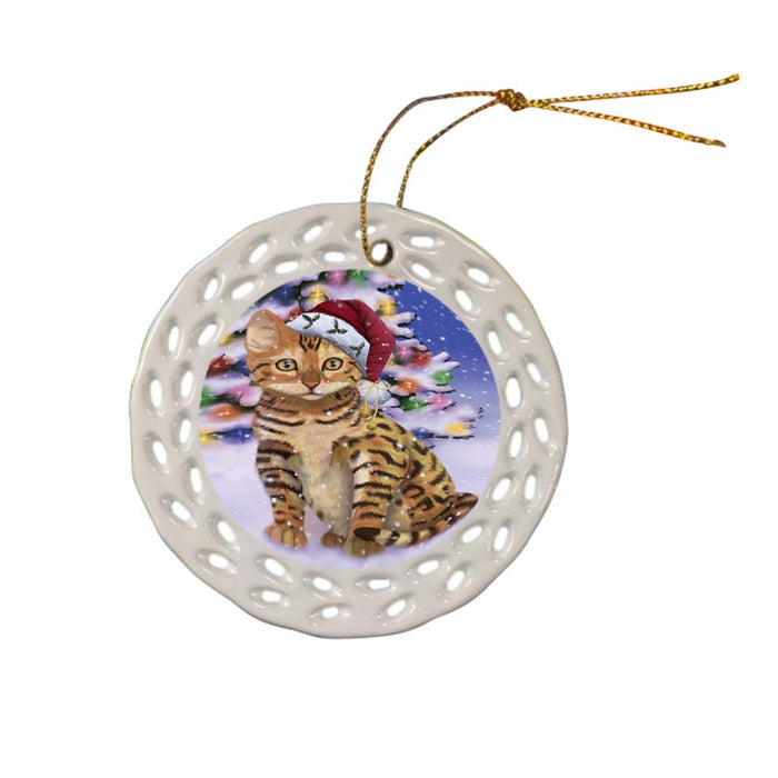 Winterland Wonderland Chinese Li Hua Cat In Christmas Holiday Scenic Background Ceramic Doily Ornament DPOR56055