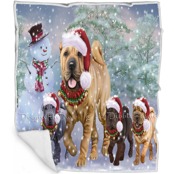 Christmas Running Family Chinese Shar Pei Dogs Blanket BLNKT134463