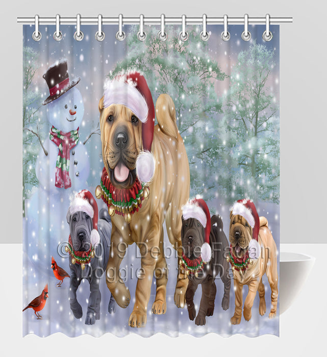 Christmas Running Fammily Chinese Shar-Pei Dogs Shower Curtain