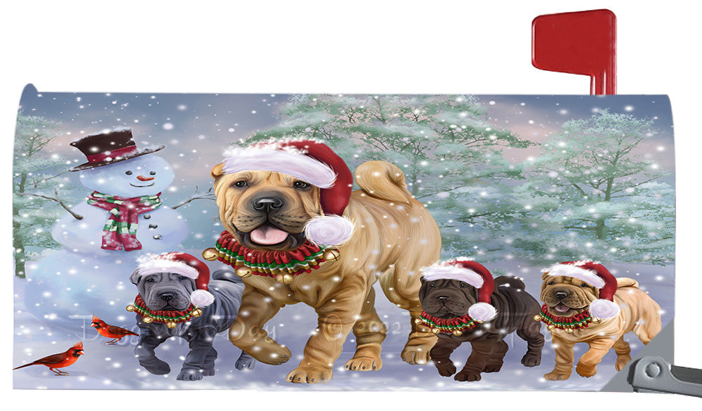 Christmas Running Family Shar Pei Dogs Magnetic Mailbox Cover Both Sides Pet Theme Printed Decorative Letter Box Wrap Case Postbox Thick Magnetic Vinyl Material