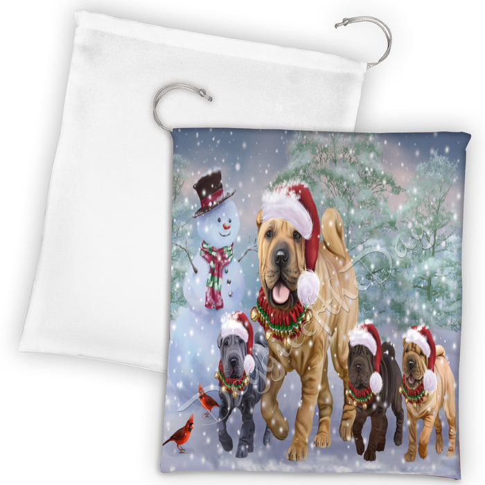 Christmas Running Fammily Shar Pei Dogs Drawstring Laundry or Gift Bag LGB48217