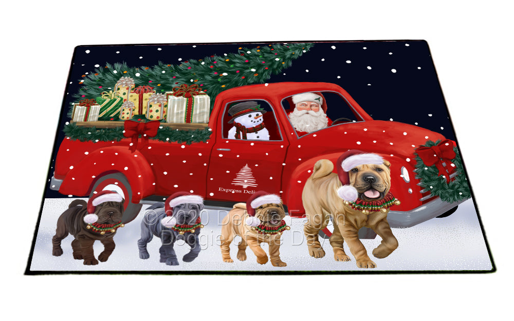 Christmas Express Delivery Red Truck Running Shar Pei Dogs Indoor/Outdoor Welcome Floormat - Premium Quality Washable Anti-Slip Doormat Rug FLMS56593