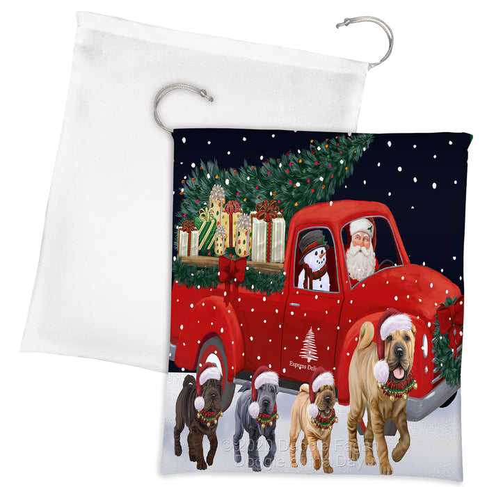 Christmas Express Delivery Red Truck Running Shar Pei Dogs Drawstring Laundry or Gift Bag LGB48891