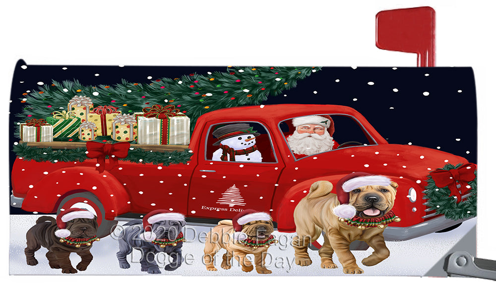 Christmas Express Delivery Red Truck Running Shar Pei Dog Magnetic Mailbox Cover Both Sides Pet Theme Printed Decorative Letter Box Wrap Case Postbox Thick Magnetic Vinyl Material