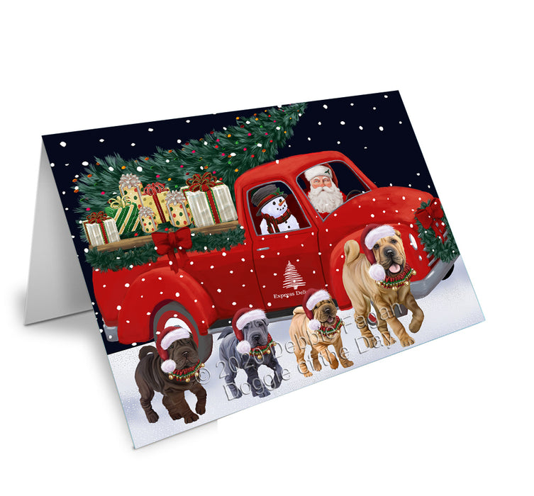 Christmas Express Delivery Red Truck Running Shar Pei Dogs Handmade Artwork Assorted Pets Greeting Cards and Note Cards with Envelopes for All Occasions and Holiday Seasons GCD75107
