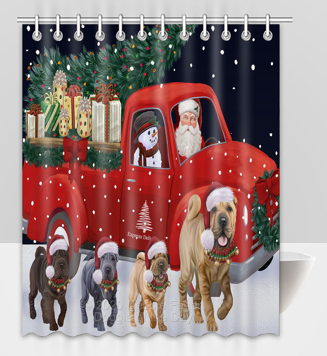 Christmas Express Delivery Red Truck Running Shar Pei Dogs Shower Curtain Bathroom Accessories Decor Bath Tub Screens