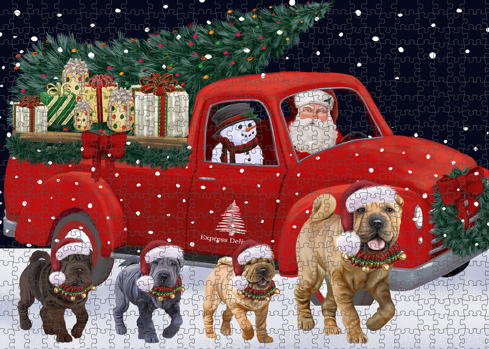 Christmas Express Delivery Red Truck Running Shar Pei Dogs Puzzle with Photo Tin PUZL99660