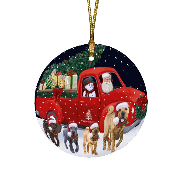Christmas Express Delivery Red Truck Running Shar Pei Dogs Round Flat Christmas Ornament RFPOR57740