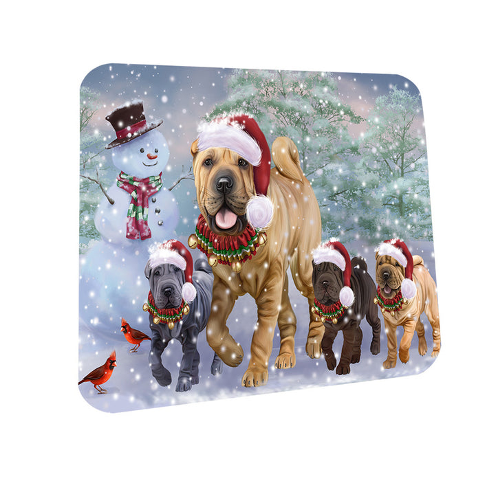 Christmas Running Family Chinese Shar Pei Dogs Coasters Set of 4 CST57088
