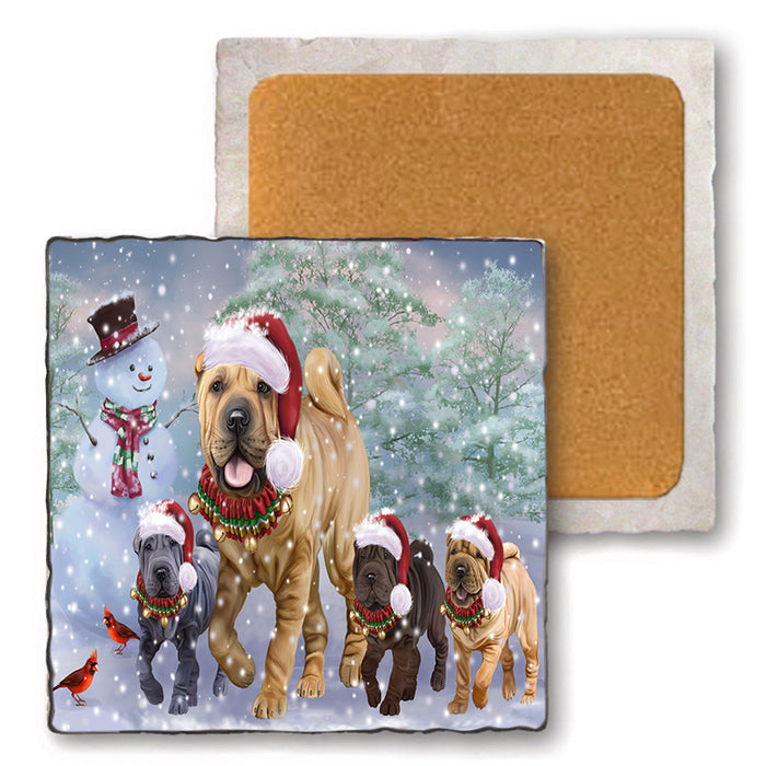 Christmas Running Family Chinese Shar Pei Dogs Set of 4 Natural Stone Marble Tile Coasters MCST52130