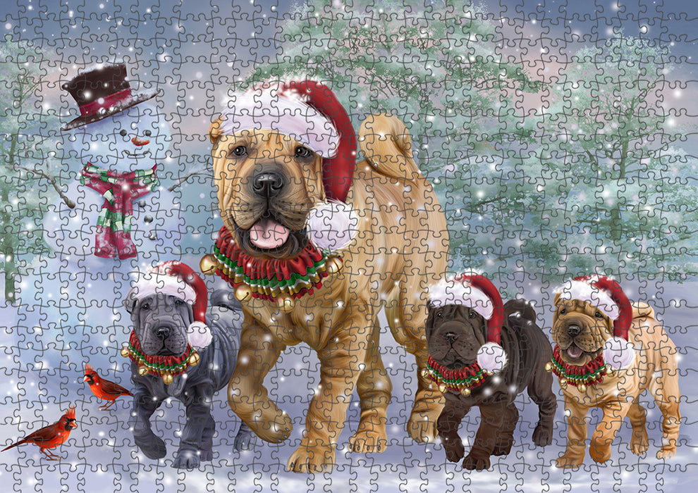 Christmas Running Family Chinese Shar Pei Dogs Puzzle with Photo Tin PUZ97292