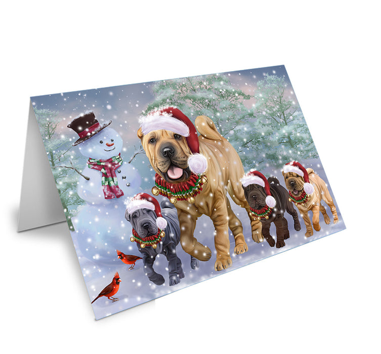 Christmas Running Family Chinese Shar Pei Dogs Handmade Artwork Assorted Pets Greeting Cards and Note Cards with Envelopes for All Occasions and Holiday Seasons GCD75284