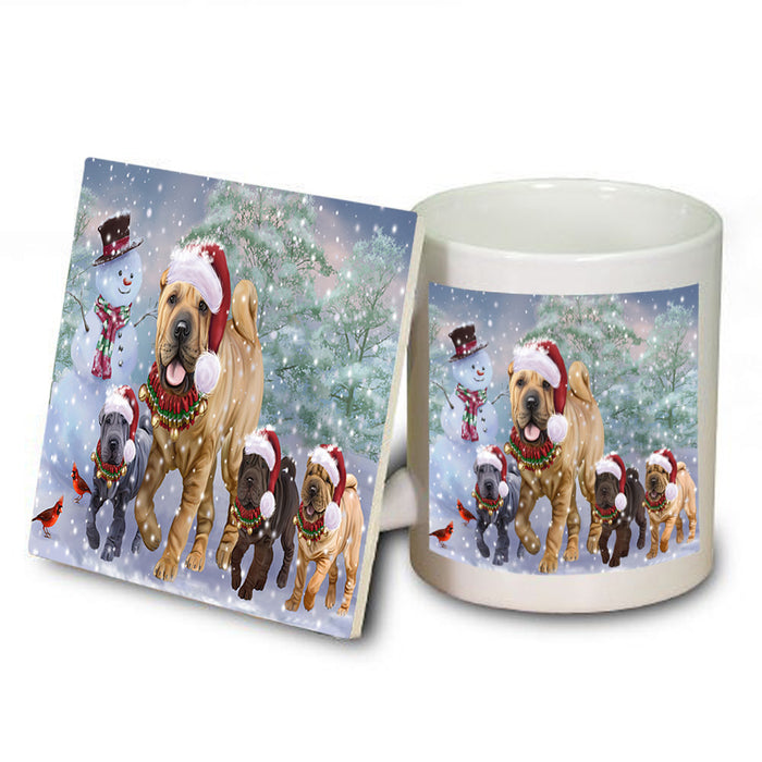 Christmas Running Family Chinese Shar Pei Dogs Mug and Coaster Set MUC57122